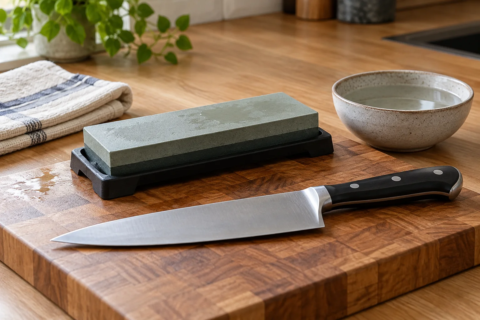 Chef knife laid flat beside a secure medium whetstone, water bowl and towel on a clear worktop