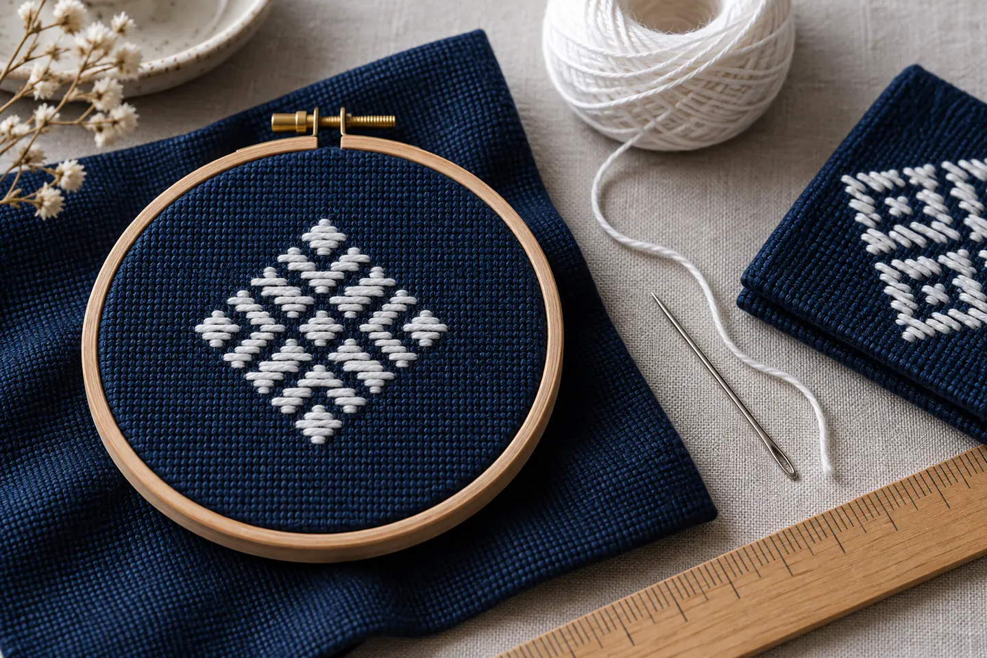Dark indigo fabric in a small hoop with a white counted geometric kogin motif beside cotton thread, blunt needle and ruler
