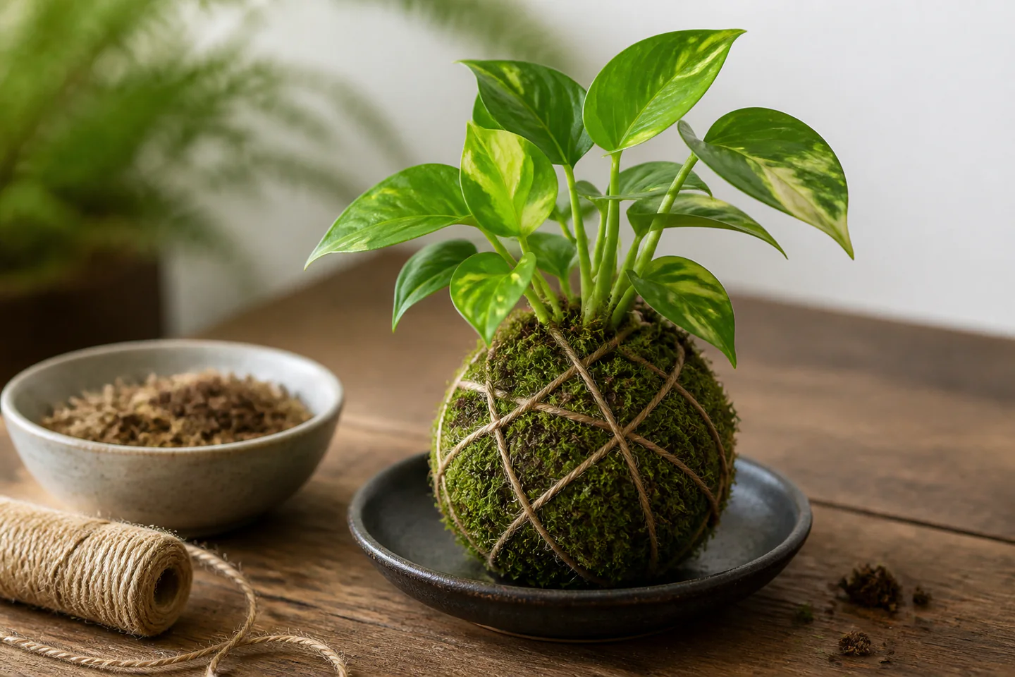 A small healthy pothos growing from a round moss-wrapped kokedama ball on a shallow ceramic dish beside natural twine and potting mix, no hands, text or logos