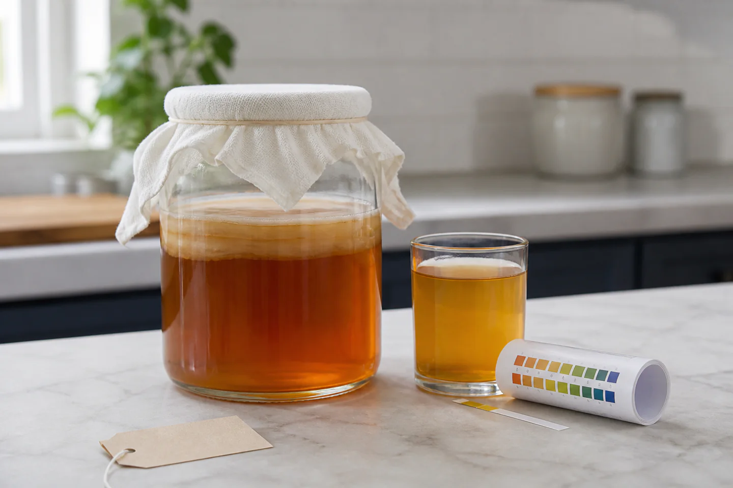 A clean glass kombucha fermentation jar covered with cloth beside tea, pH strips and a small finished glass on a tidy kitchen counter