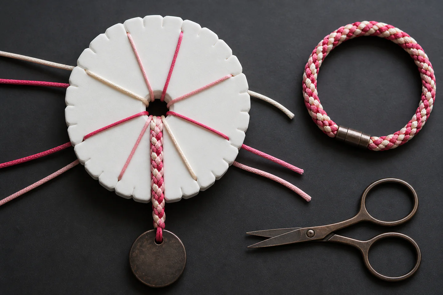 Eight coloured cords arranged neatly around a round kumihimo foam disc with a short finished braid on a dark worktable