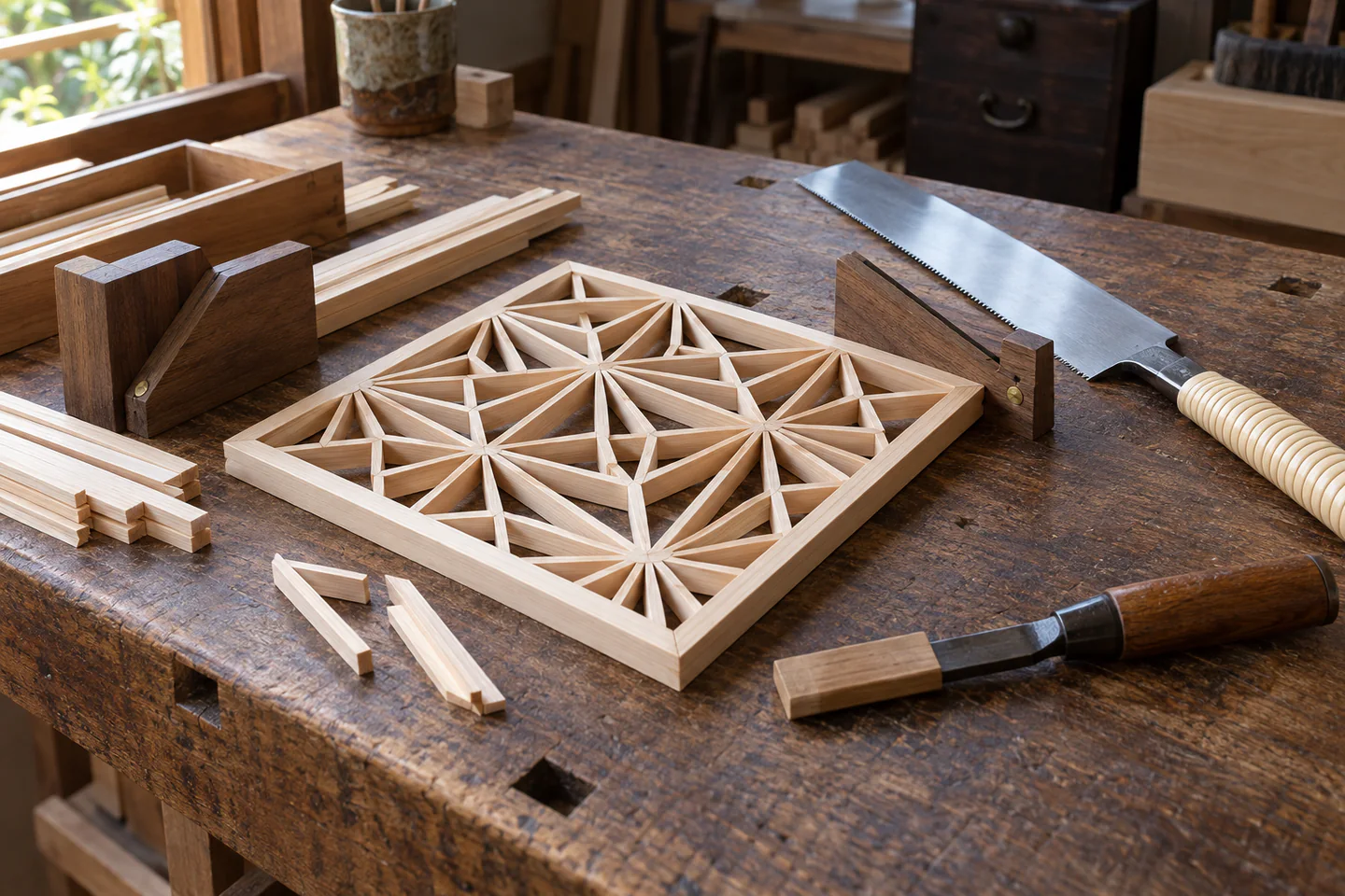 A carefully arranged beginner kumiko woodworking workspace showing the core materials, tools and one small finished example