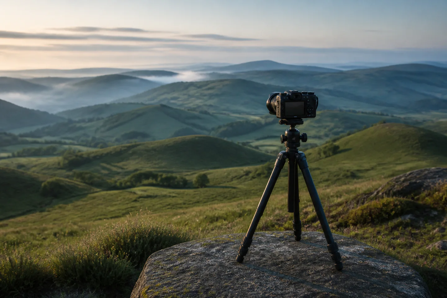 A compact camera and small tripod overlooking layered green hills in soft early light, photographed without people, text or logos