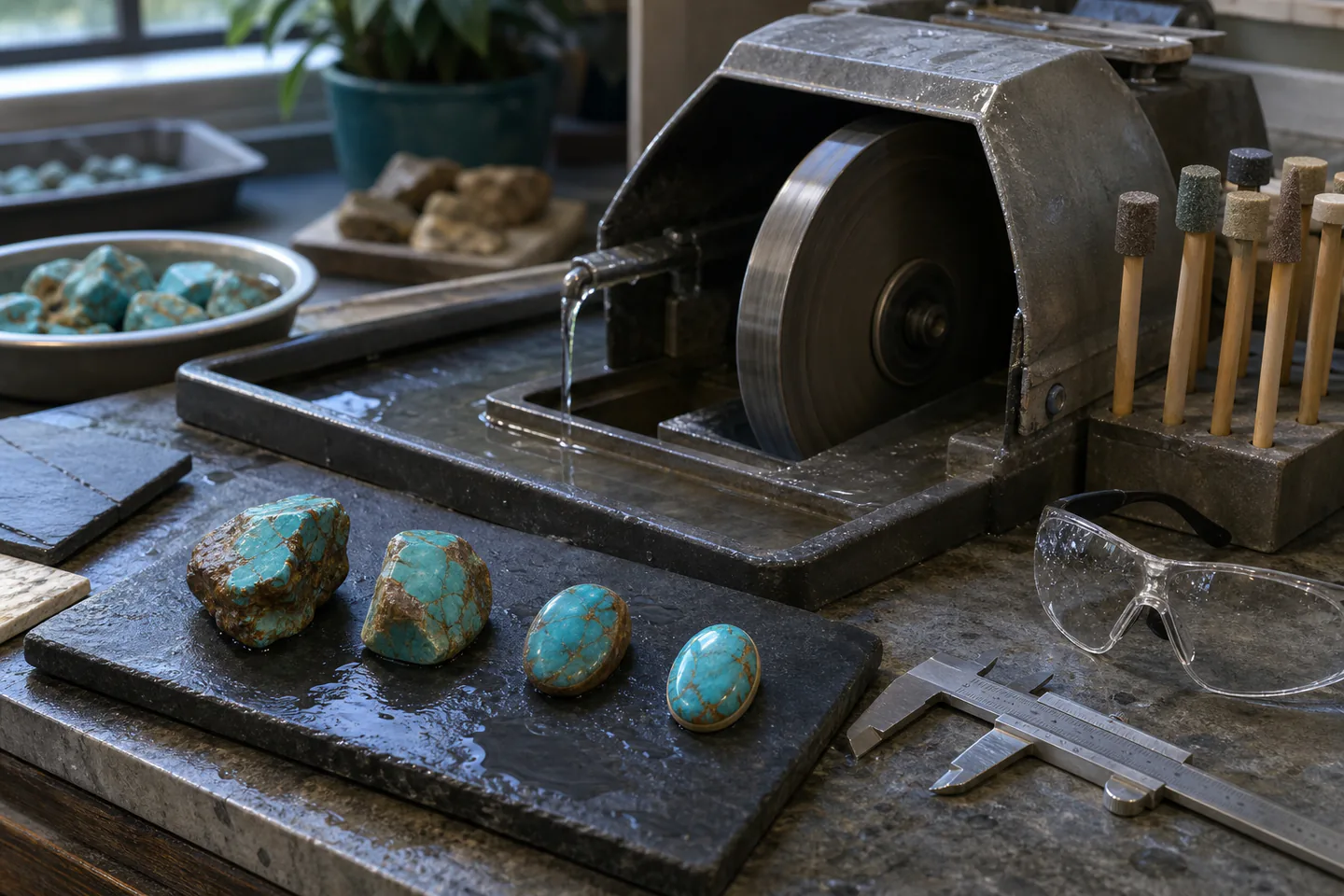 Guarded wet lapidary wheel switched off beside a water tray, dop sticks, caliper, safety glasses and stages of one oval cabochon