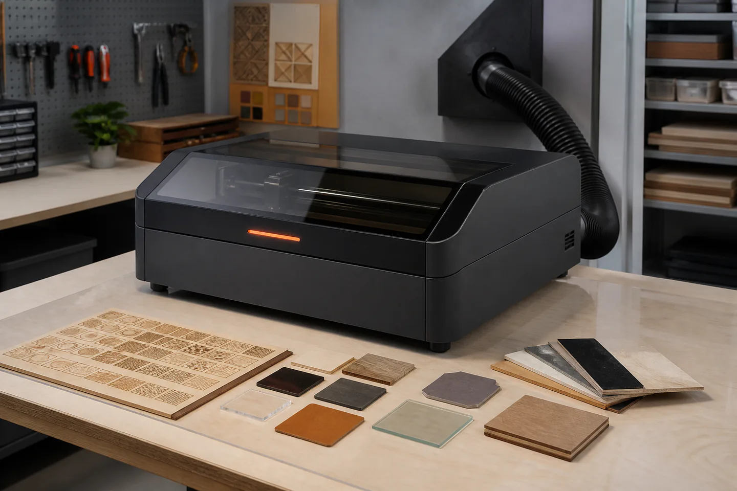 Enclosed desktop laser engraver with extraction hose, labelled plywood test grid and clean fire-safe work area