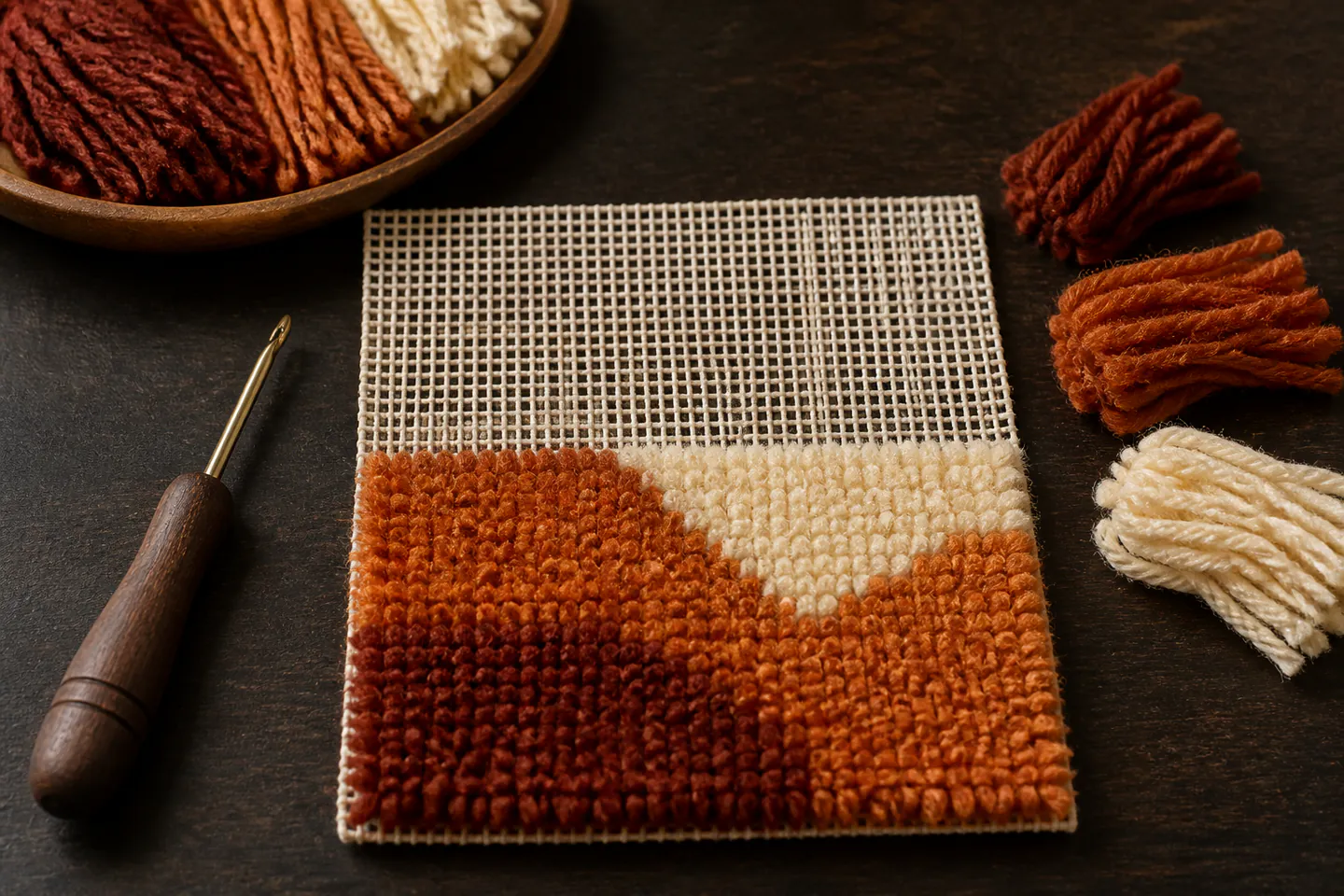 A latch hook tool pulling a short ochre yarn strand through a large-grid canvas beside sorted cream and rust yarn bundles on a dark table