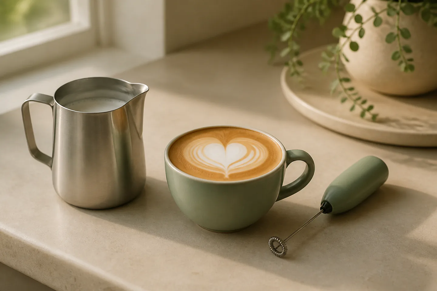 Small stainless milk pitcher pouring a clean white heart into a brown coffee in a ceramic cup beside a handheld microfoam whisk with no people, logos or text