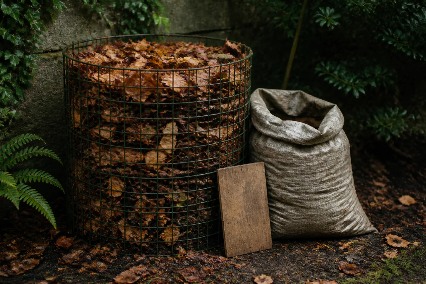 Ventilated wire cage filled with damp autumn leaves in a shaded garden corner