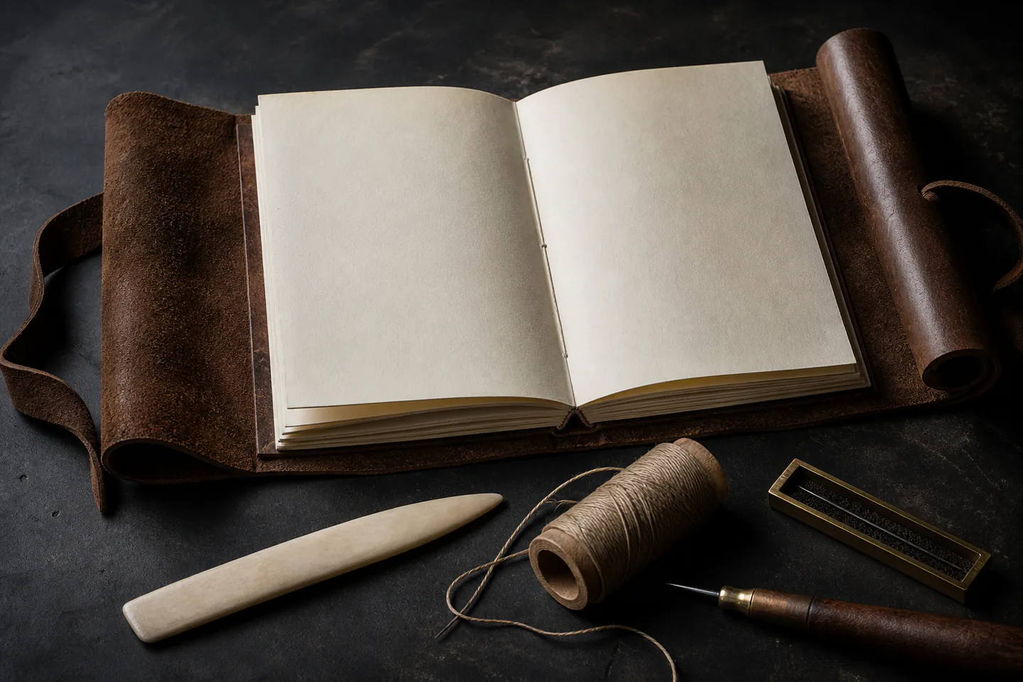 Handmade wraparound brown leather journal open to cream folded pages beside bone folder, waxed thread and closed awl on a dark desk with no hands, text or logos