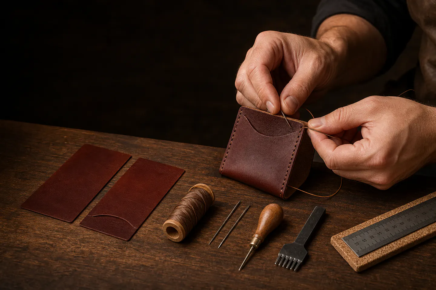 Two hands saddle-stitching a small brown leather card sleeve on a warm wooden workbench
