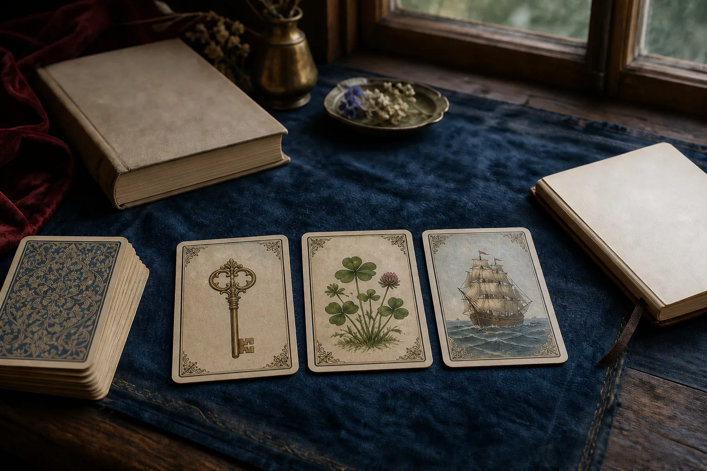 Traditional thirty-six-card Lenormand deck arranged in a three-card line beside a closed guidebook and blank notebook on a quiet table