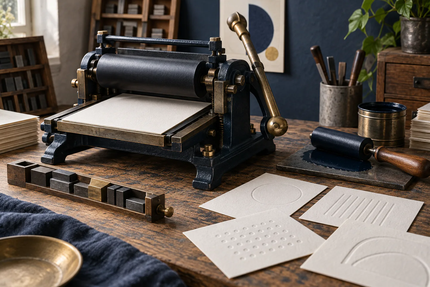 A compact tabletop proof press with blank paper, spacer blocks, ink roller and blind-debossed pattern cards in a heritage workshop