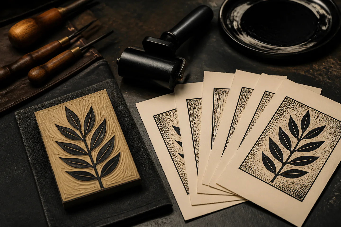Small carved lino block with simple leaf design beside guarded carving tools, black ink roller and several bold prints on cream paper over a dark table with no text, logos or people
