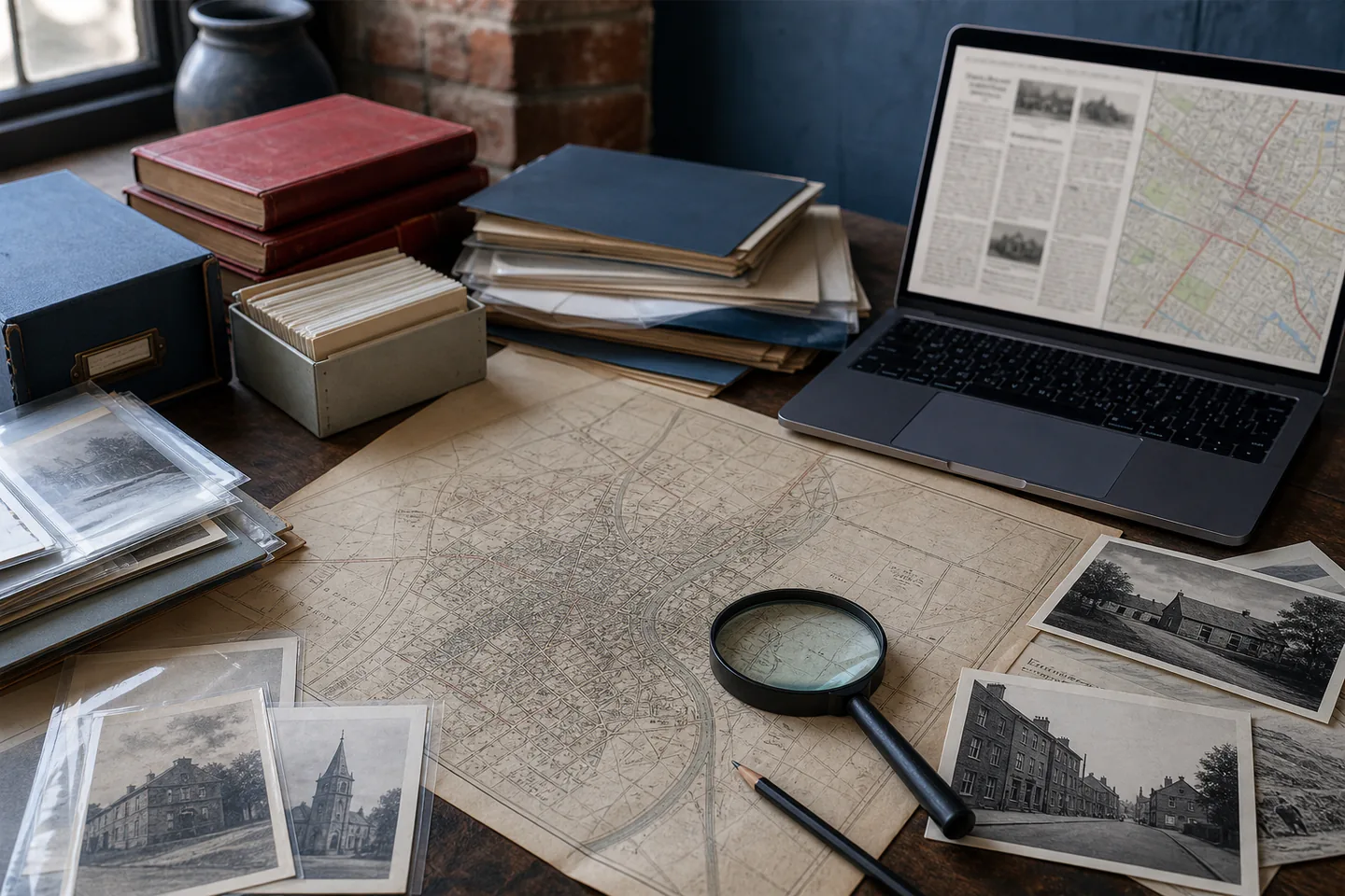 Old town map, anonymous building photographs, archival sleeves, magnifier, pencil and laptop with a blurred newspaper grid and map overlay