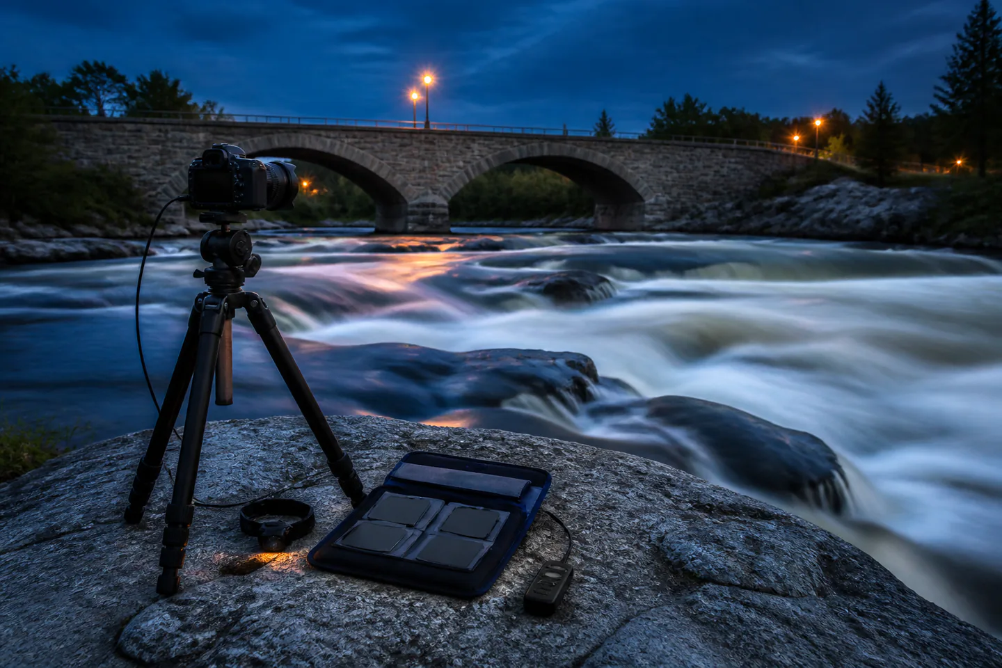 Camera on sturdy tripod overlooking smooth moving water at blue hour with neutral-density filter case and remote release nearby