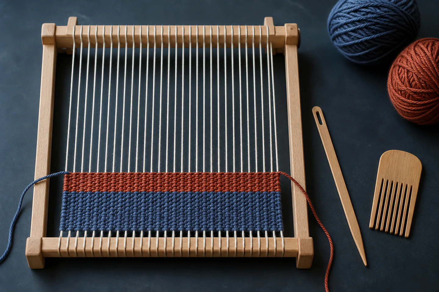 A small wooden frame loom holding blue and ochre plain weave with a shuttle, comb and loose wool on a dark studio table