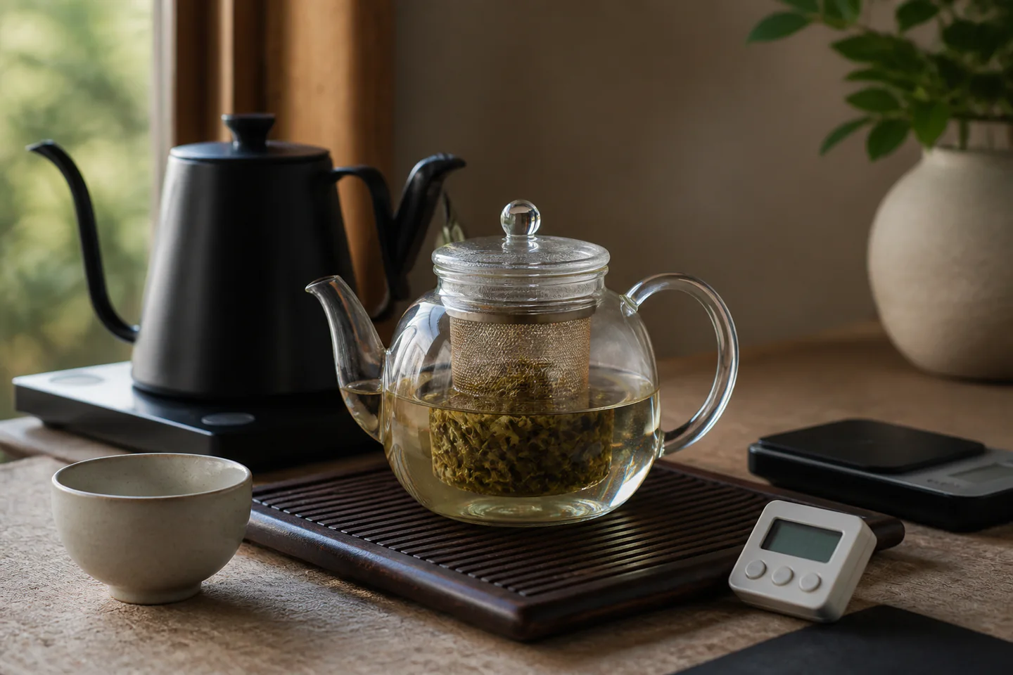 Basket infuser resting in a clear cup beside loose tea leaves, small tins and a digital scale