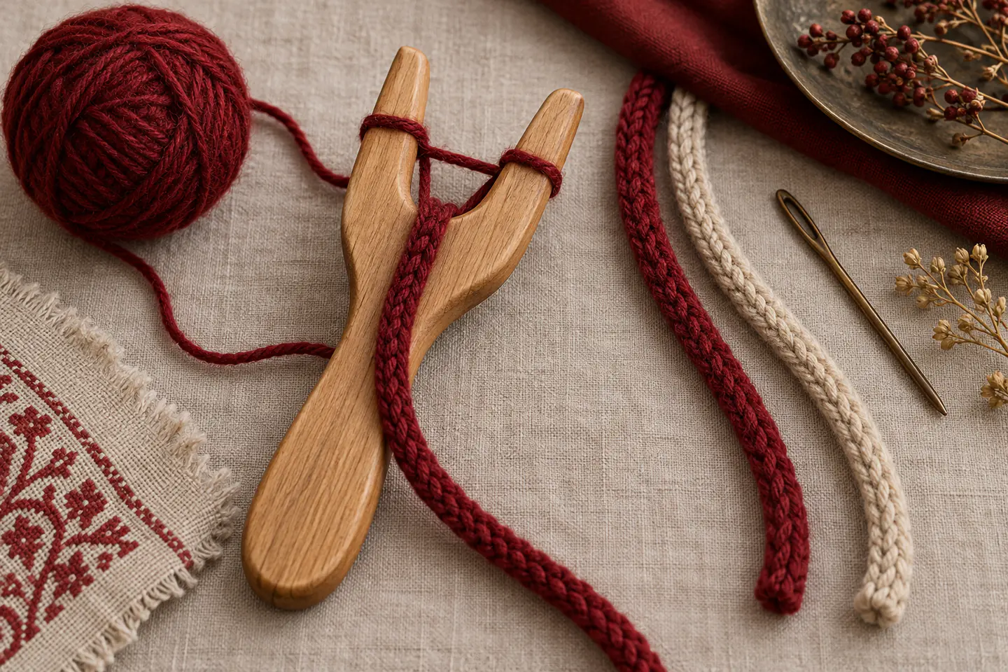 A wooden fork-shaped lucet holding square wool cord beside two finished cords, a yarn ball and blunt needle