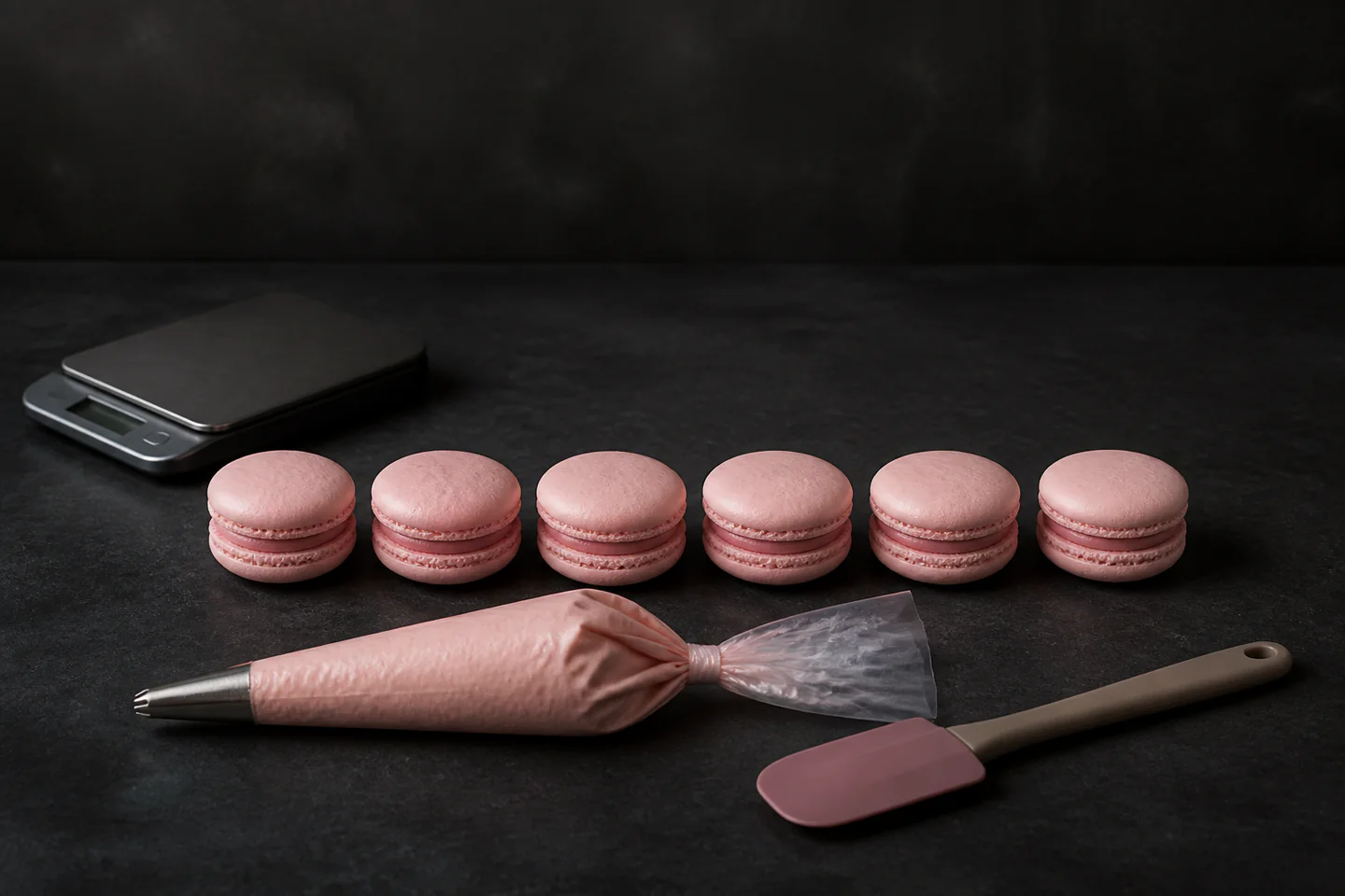 A neat row of pale pink French macarons beside a piping bag, digital scale and silicone spatula on a dark baking table, no people, text or logos