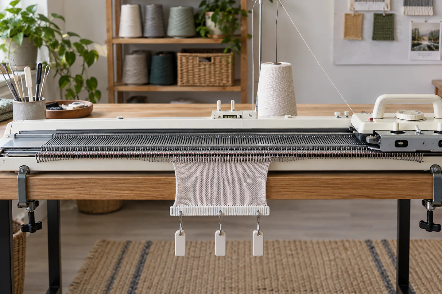 A carefully arranged beginner machine knitting workspace showing the core materials, tools and one small finished example