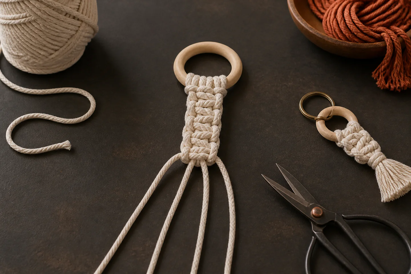 Natural cotton cords tied into neat square knots around a wooden ring beside scissors and a small finished plant hanger on a dark worktable