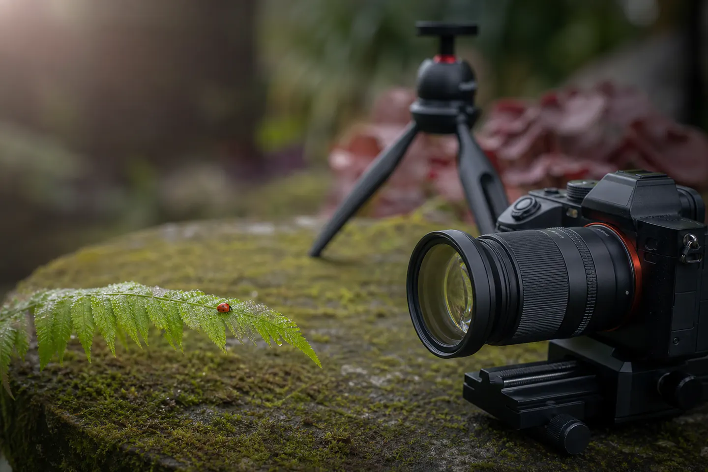 An unbranded camera on a focusing rail beside a dew-covered fern and a naturally resting ladybird