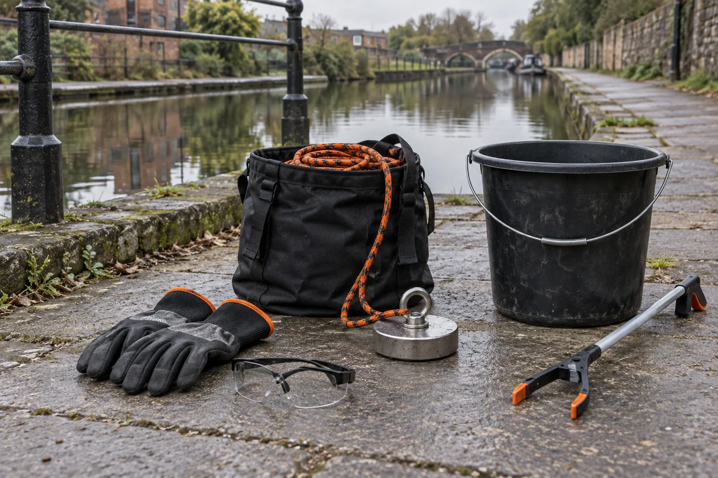 A carefully arranged beginner magnet fishing workspace showing the core materials, tools and one small finished example