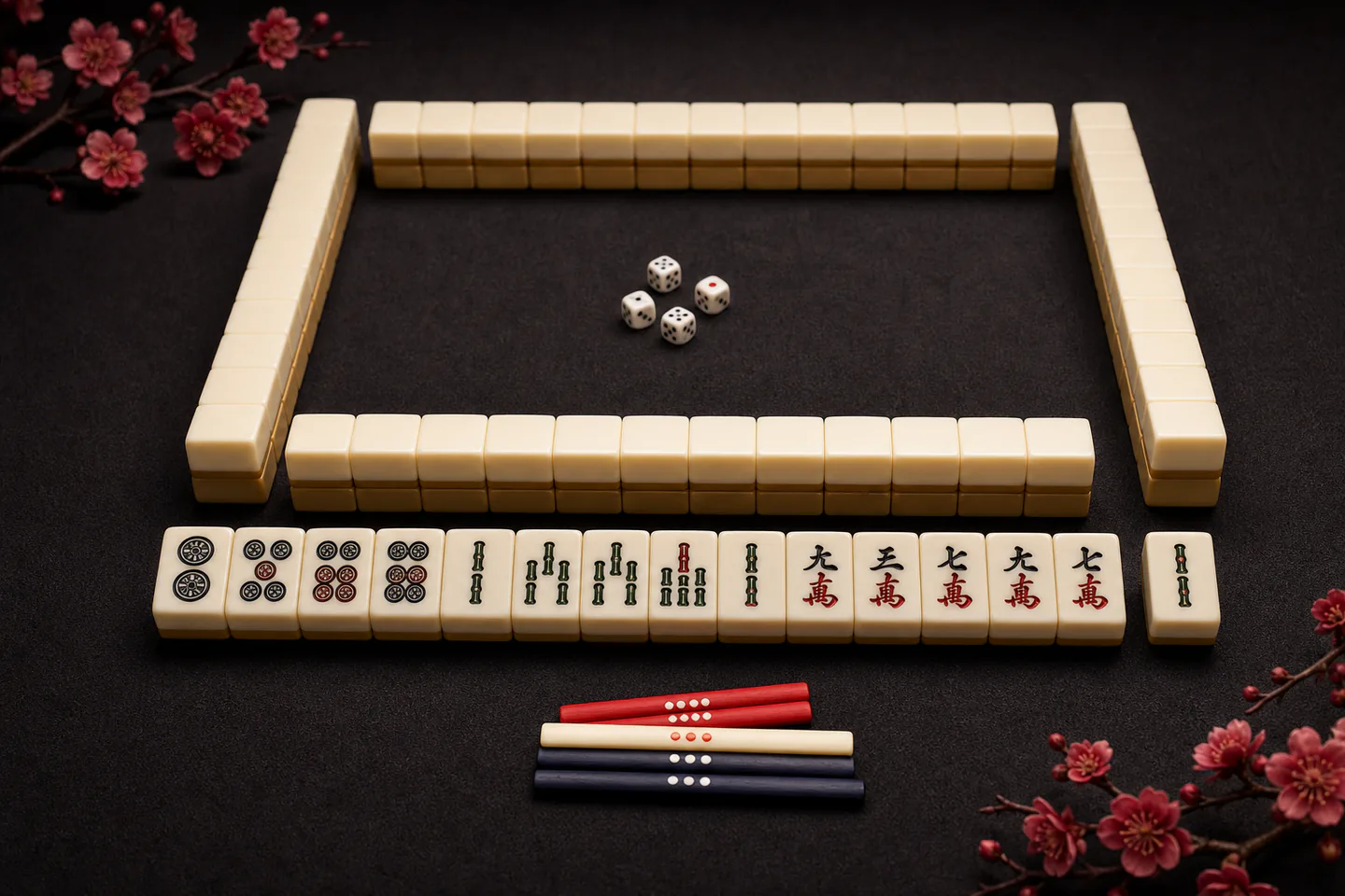 Authentic Japanese riichi mahjong tiles arranged mid-hand with walls, dice and scoring sticks on a plain green table with no hands or readable Latin text