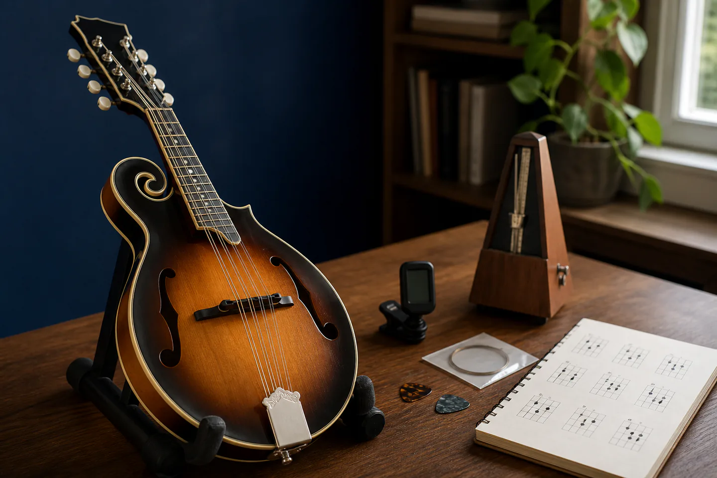 Unbranded A-style mandolin on stand beside medium pick, clip tuner and simple chord sheet in a quiet music room