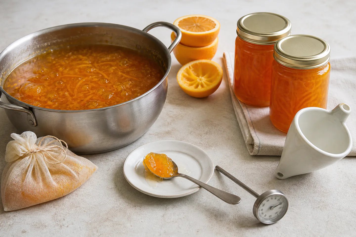 Bright orange marmalade in a preserving pan beside citrus halves, a muslin pectin bag, thermometer, cold saucer and clean jars