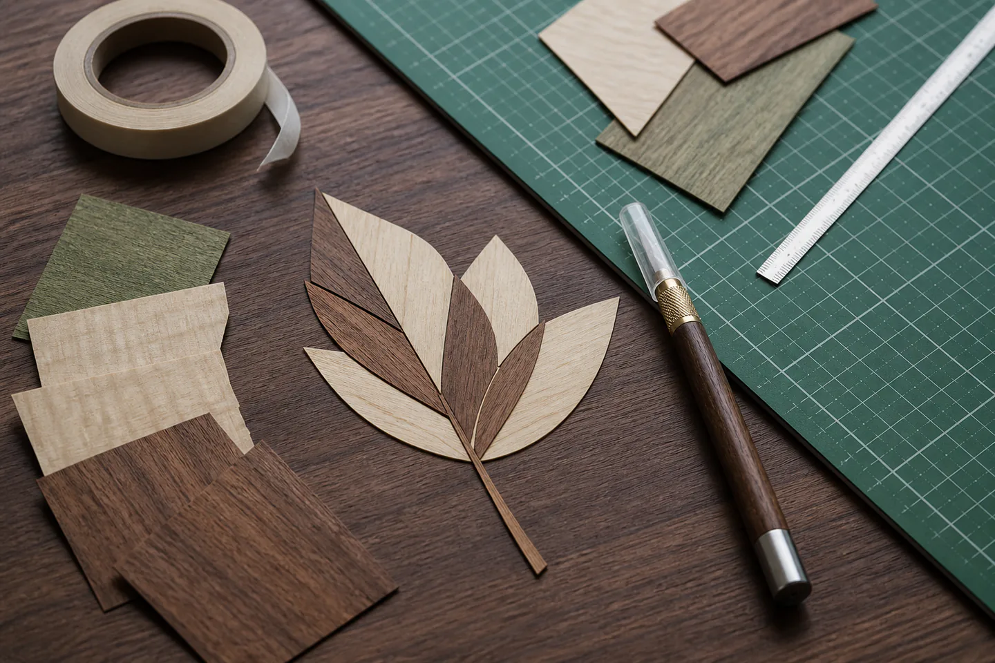 Small two-veneer marquetry leaf pattern partly assembled beside craft knife, metal ruler, veneer tape and cutting mat