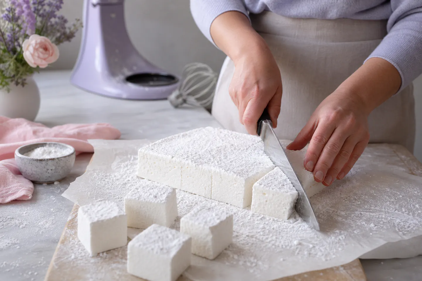 Hands cutting a white vanilla marshmallow slab dusted with icing sugar and cornflour