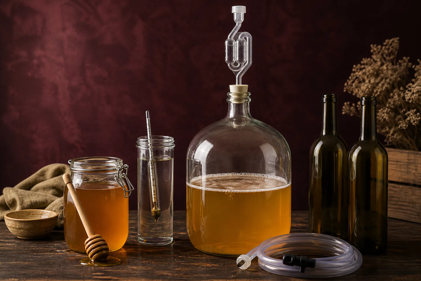 One gallon glass demijohn of pale gold mead with airlock beside honey jar, hydrometer, trial jar, sanitiser and labelled wine yeast on a clean bench with no people or text