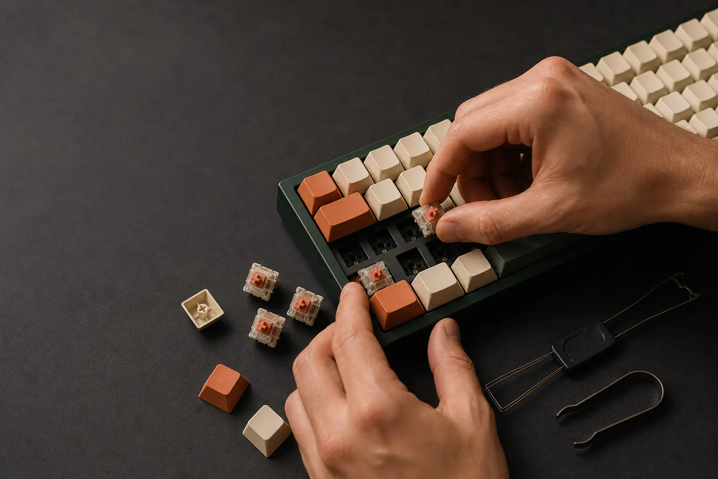 A dark green mechanical keyboard being fitted with an unbranded switch beside loose cream and orange keycaps