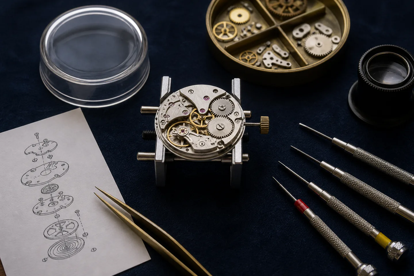 Large unbranded mechanical watch movement in holder beside compartment tray, loupe, fine tweezers, screwdrivers and printed movement diagram