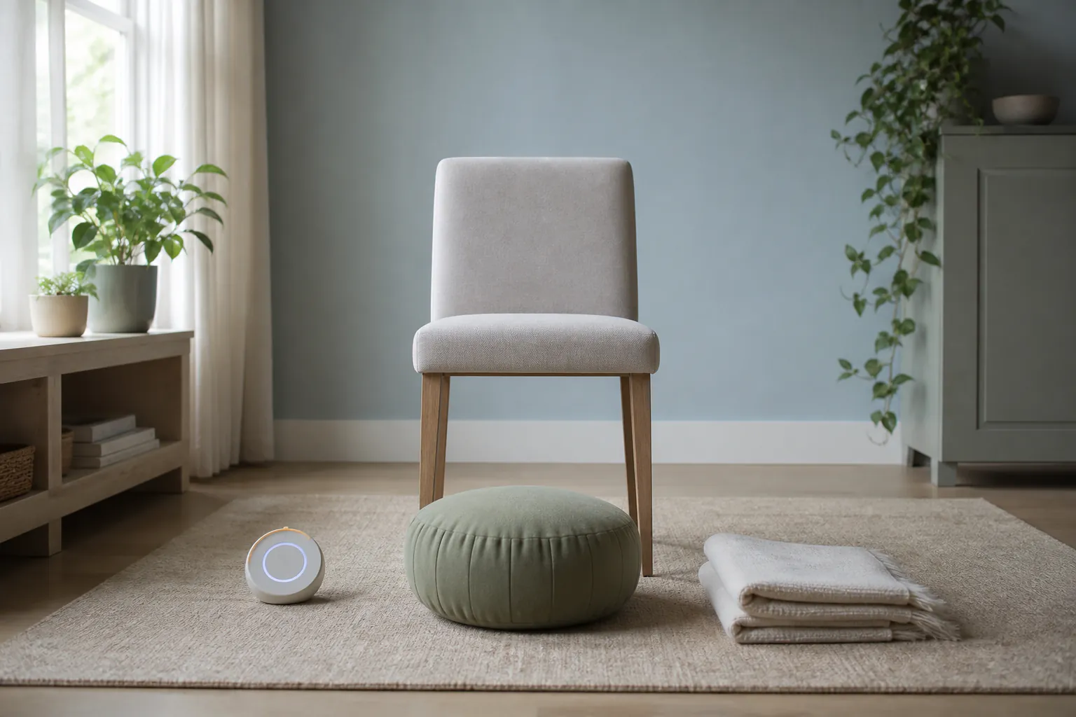 Simple supportive chair beside a five-minute timer and a folded blanket in a quiet softly lit room