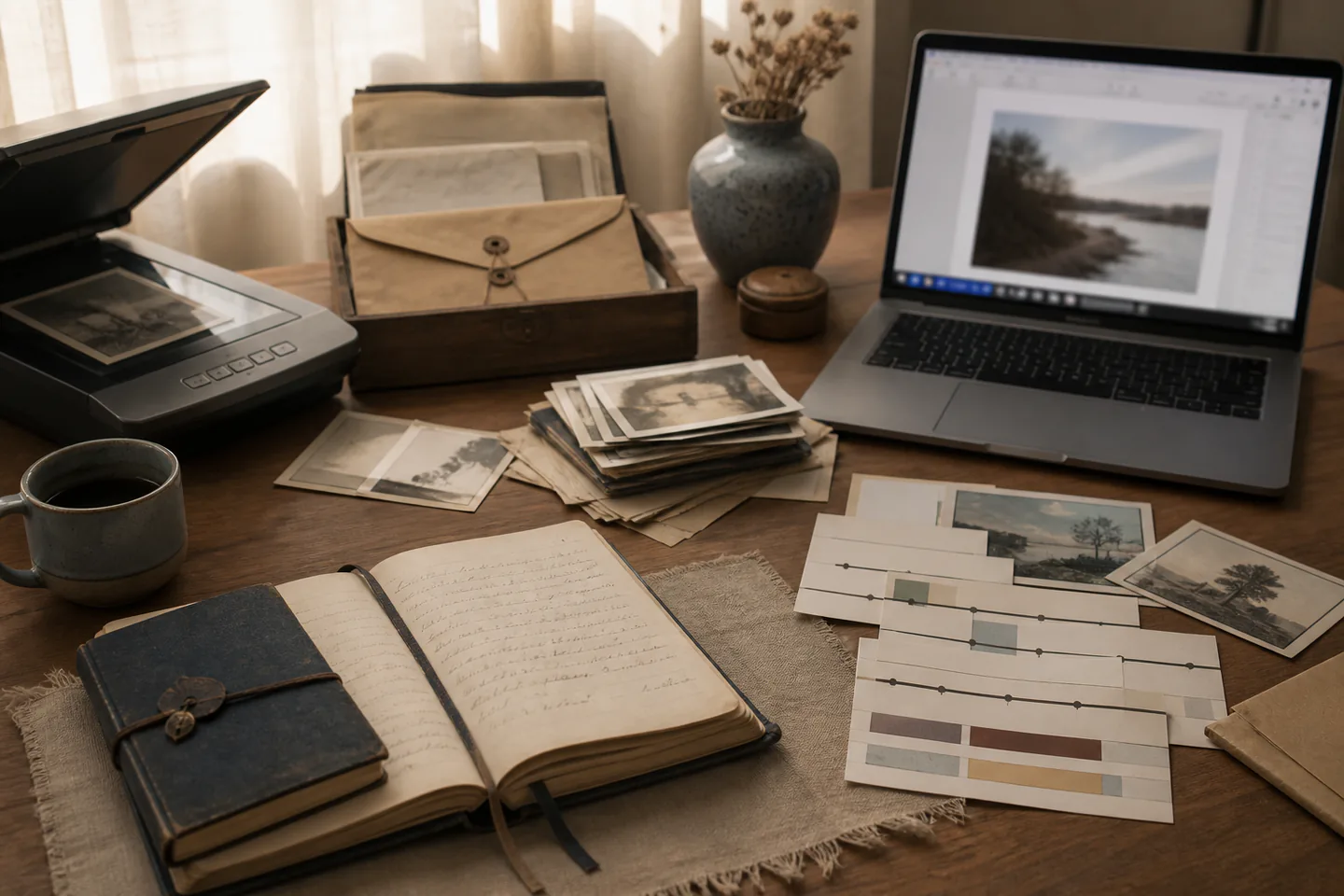 Personal-archive desk with anonymous photographs, an unreadable diary, archival envelope, timeline cards, scanner and a blurred scene draft