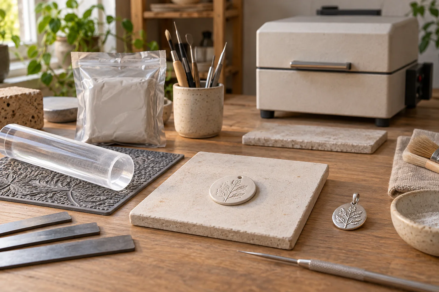 A carefully arranged beginner metal clay jewellery making workspace showing the core materials, tools and one small finished example