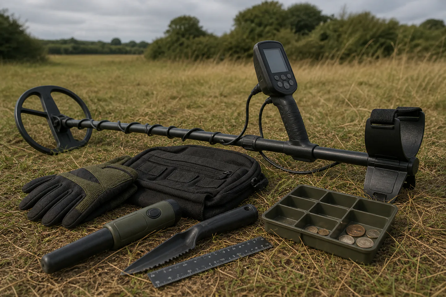 Metal detector beside a finds pouch, gloves, pinpointer, plastic digging tool and a few harmless modern coin-like finds at a grassy field edge