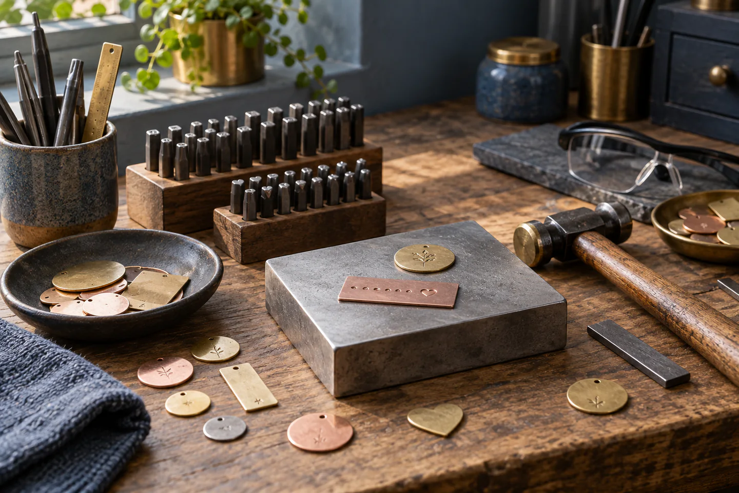 A carefully arranged beginner metal stamping jewellery workspace showing the core materials, tools and one small finished example