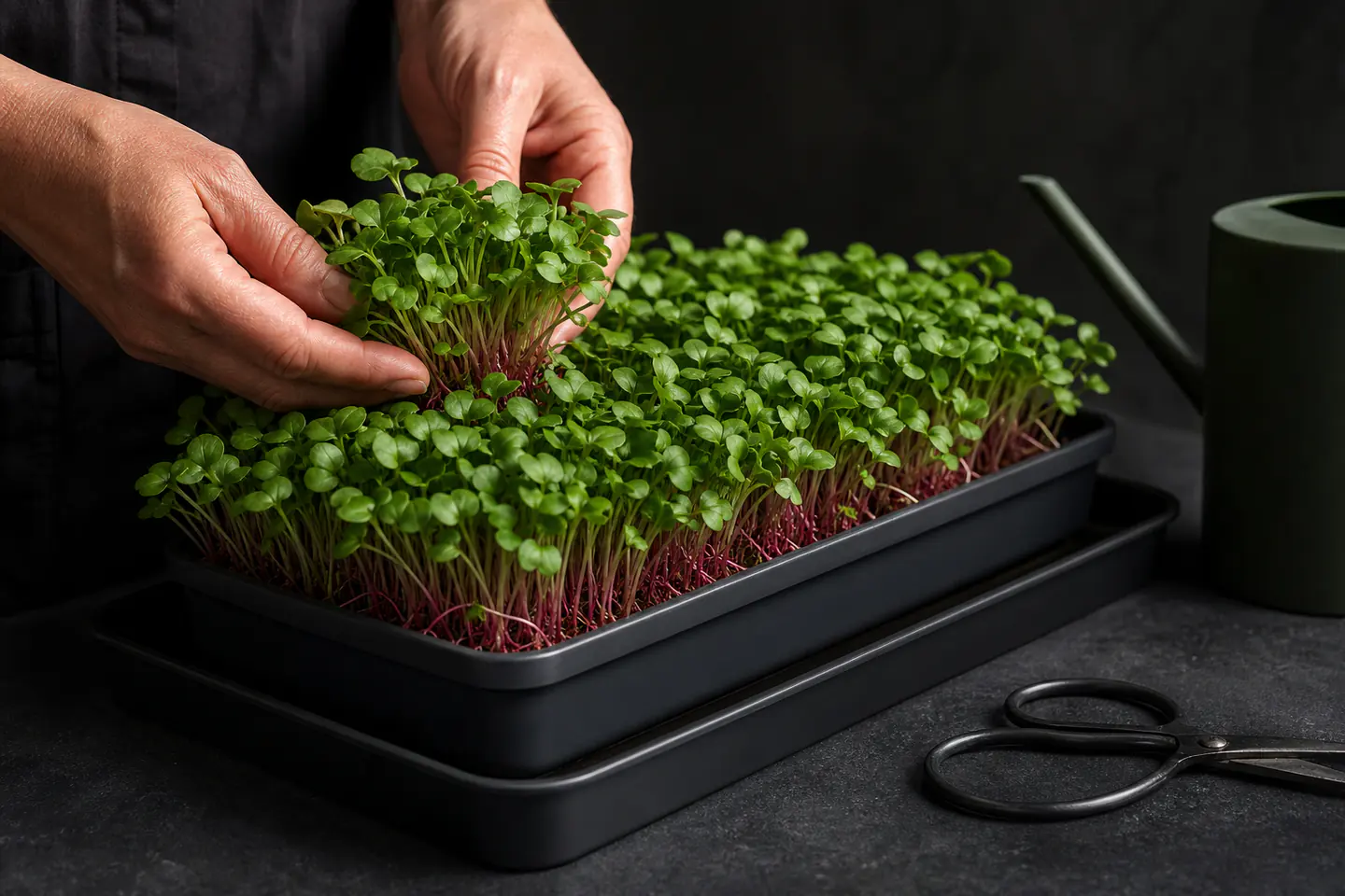 Dense young radish microgreens in a shallow black tray on a dark shelf beside a small watering jug and clean scissors