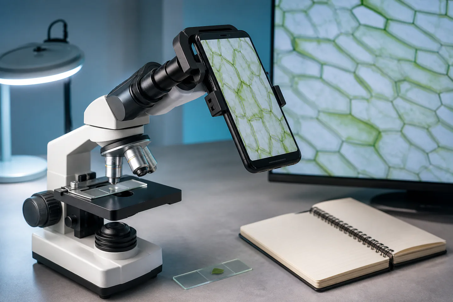 Compound microscope with smartphone adapter aligned over eyepiece beside prepared slide, notebook and small LED illuminator