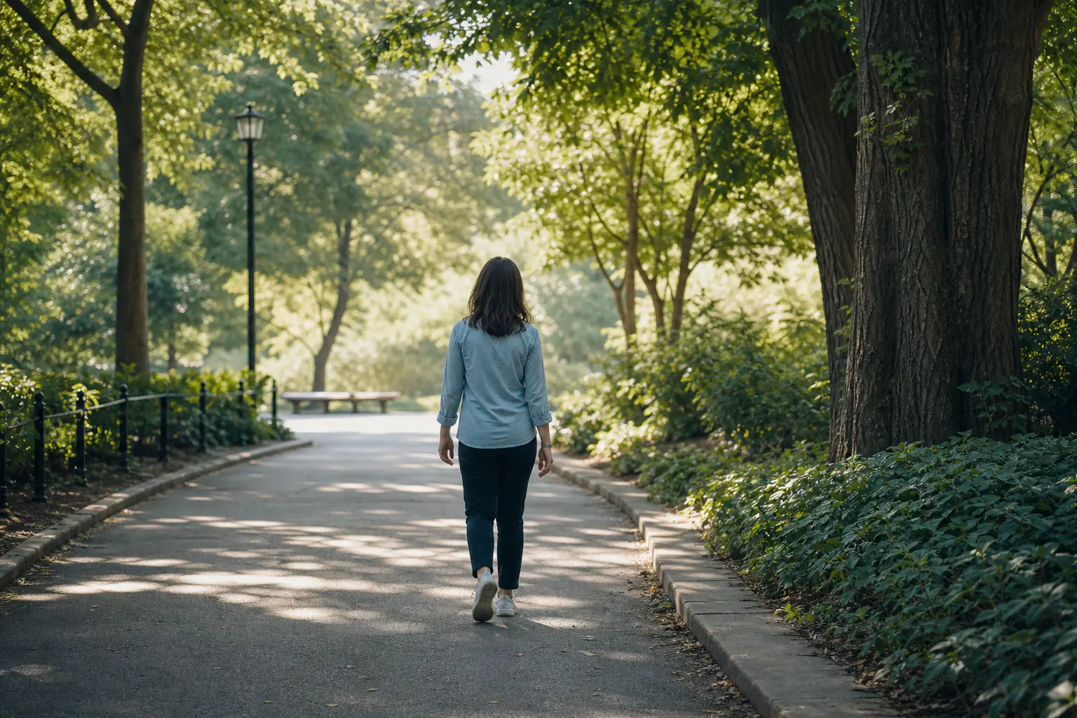 Person walking slowly along a familiar leafy urban path in daylight with relaxed hands and no phone visible