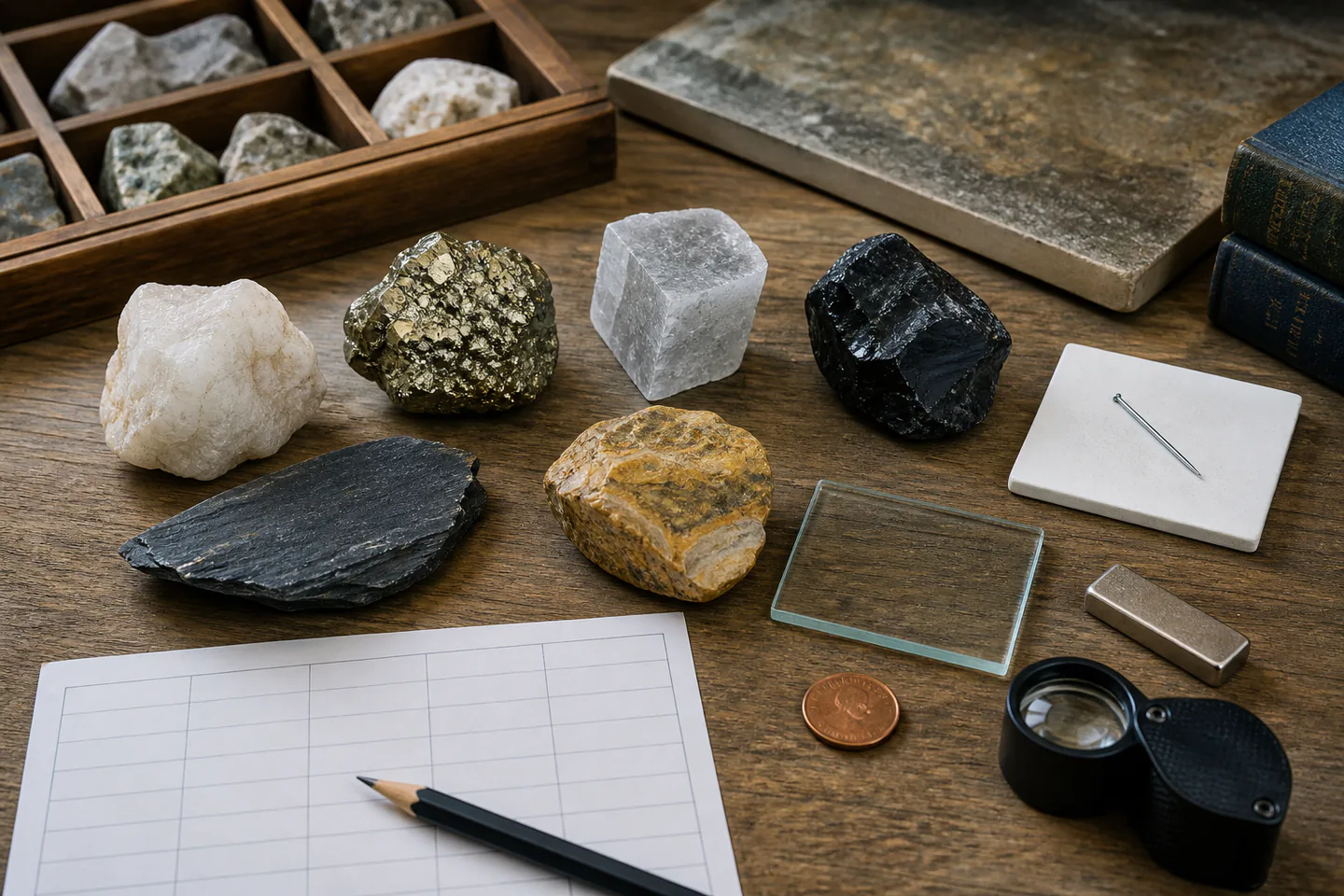 Geology desk with common mineral specimens, streak and glass plates, copper coin, steel nail, hand lens, magnet and blank property table