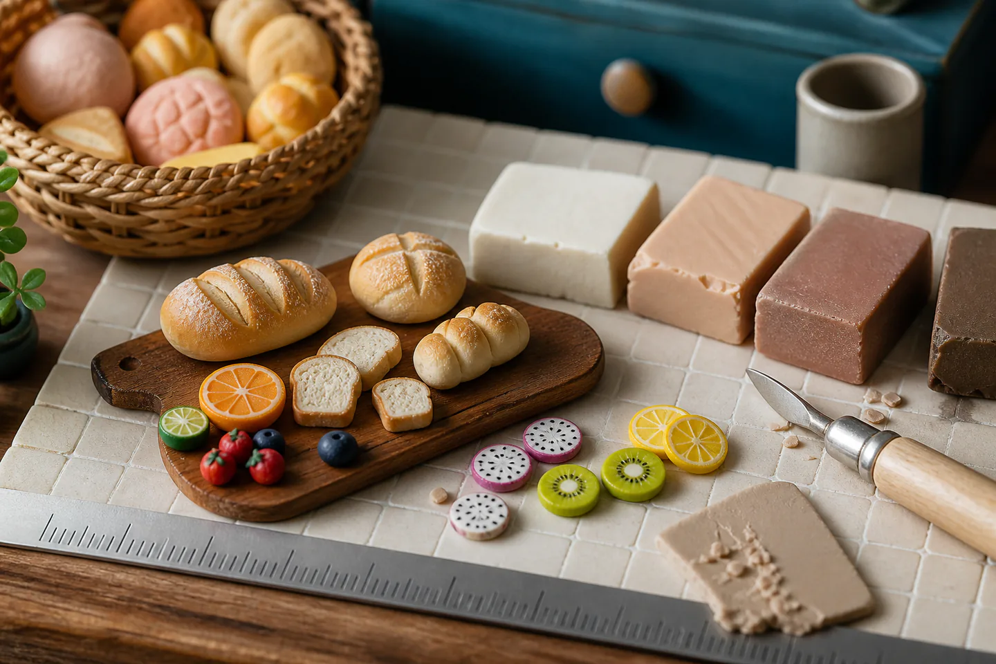 Tiny unbranded polymer-clay bread, fruit and pastries on a miniature board beside ruler, roller, blades and colour swatches