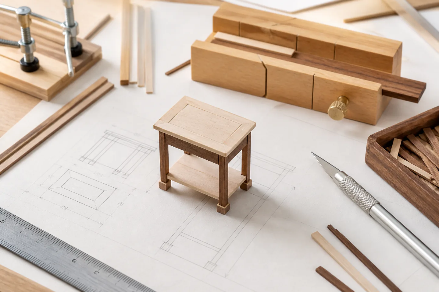 Small unfinished one-twelfth scale side table beside steel rule, mitre box, craft knife, clamps and fine timber strips