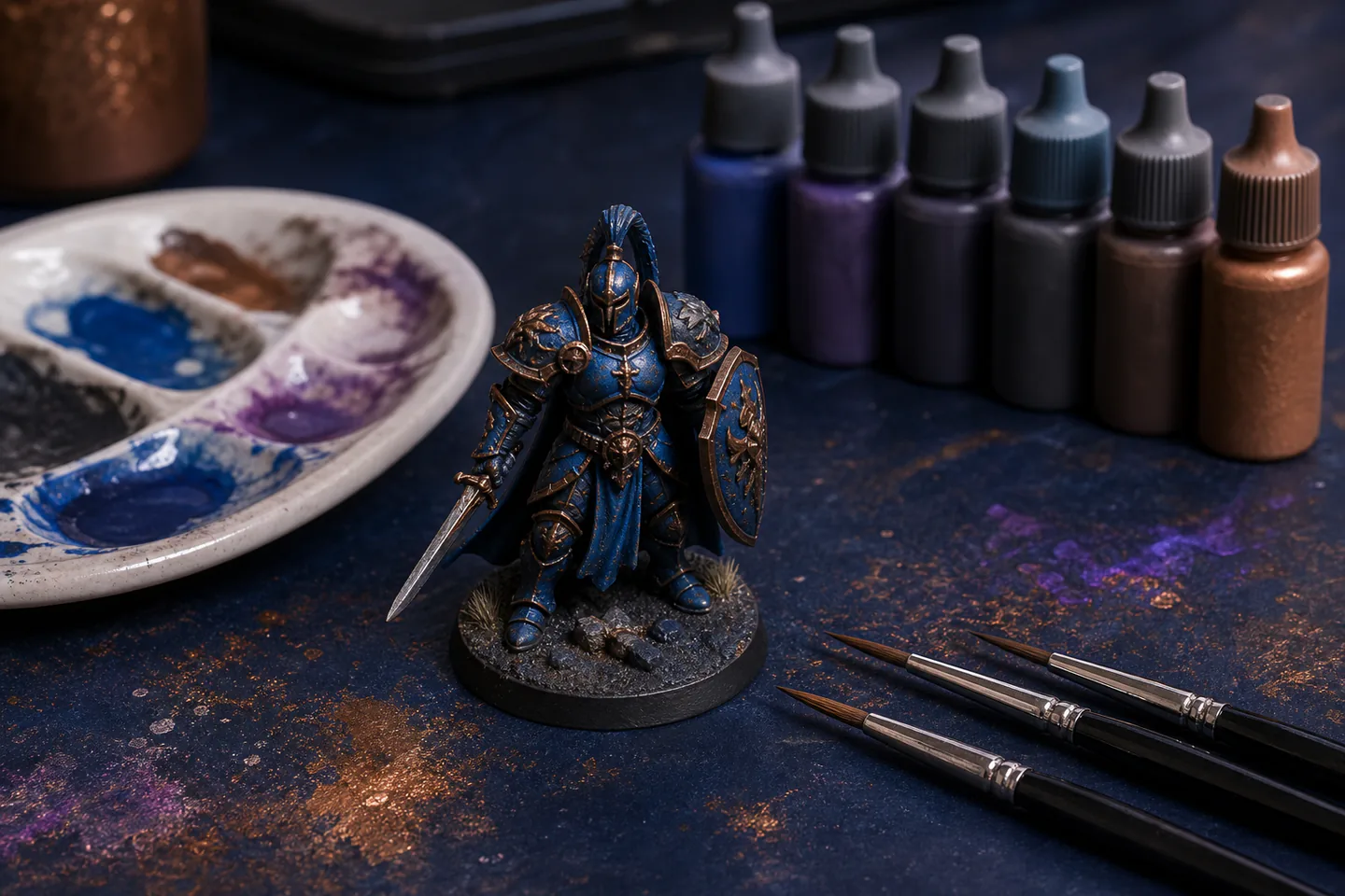 A partly painted fantasy tabletop miniature beside a small palette, three brushes and a compact row of acrylic model paints