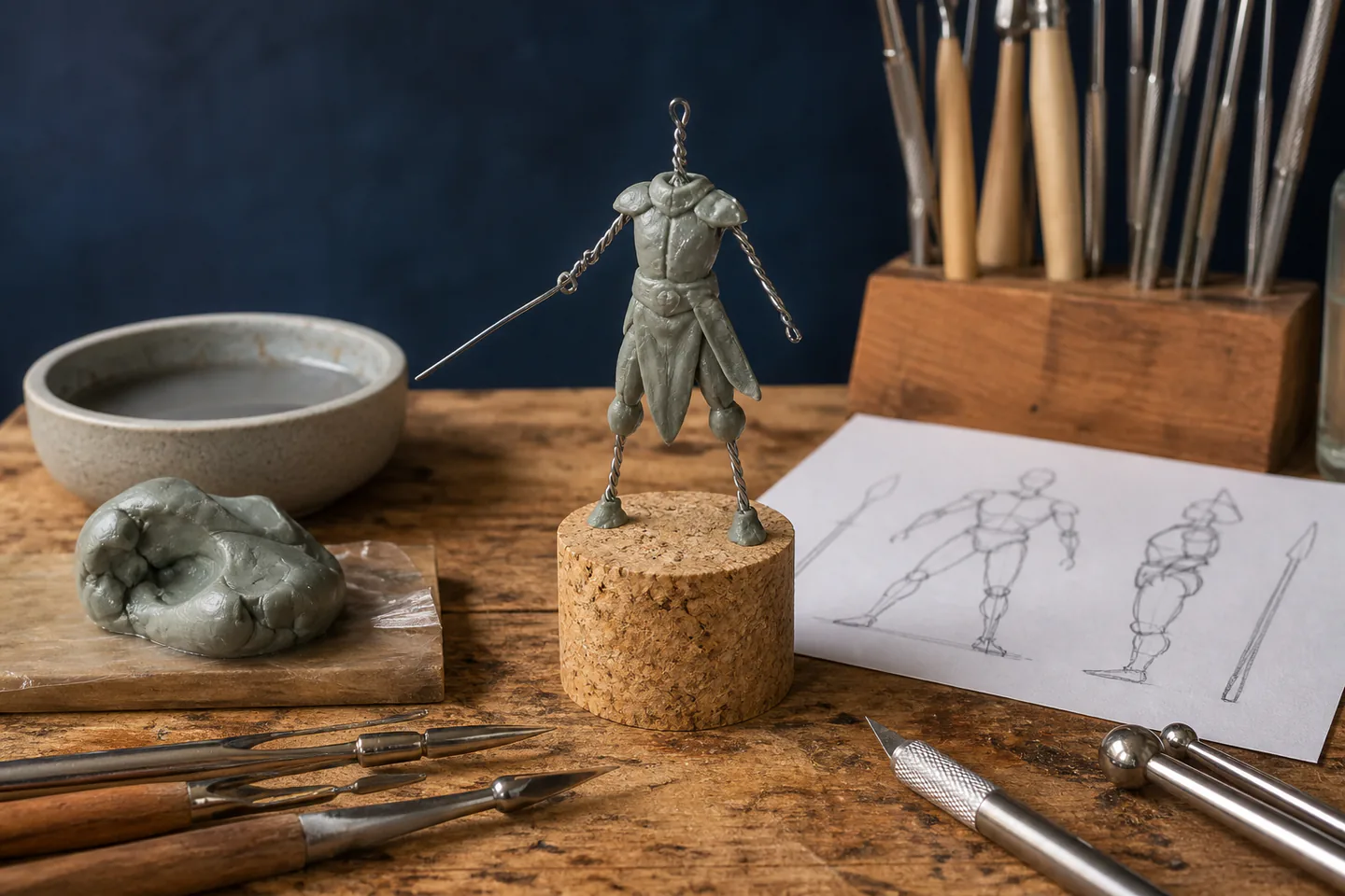 Small unpainted fantasy miniature sculpture on a cork beside wire armature, epoxy putty, metal sculpting tools and scale sketch