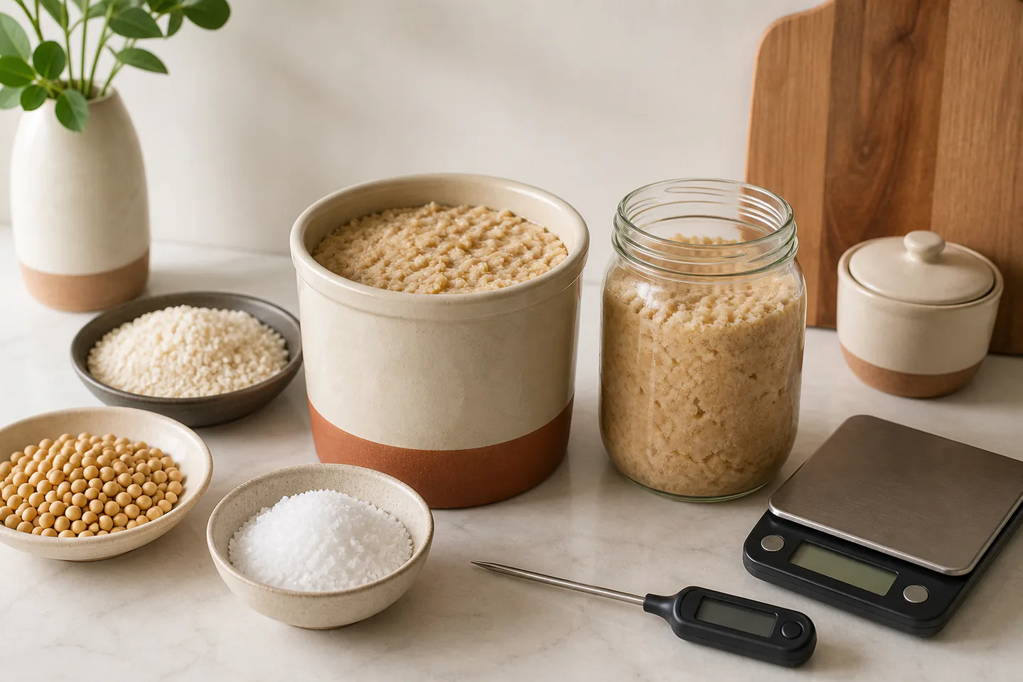 Fermentation crock filled with pale soybean and rice-koji miso mash beside weighed salt, cooked soybeans, scale and thermometer on a clean counter