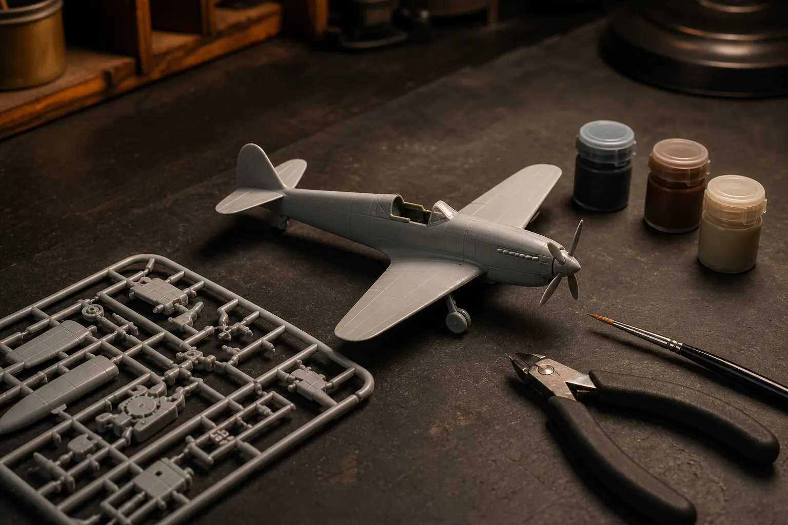 Unpainted plastic aircraft parts on a sprue beside side cutters, a fine brush and a partly assembled scale model